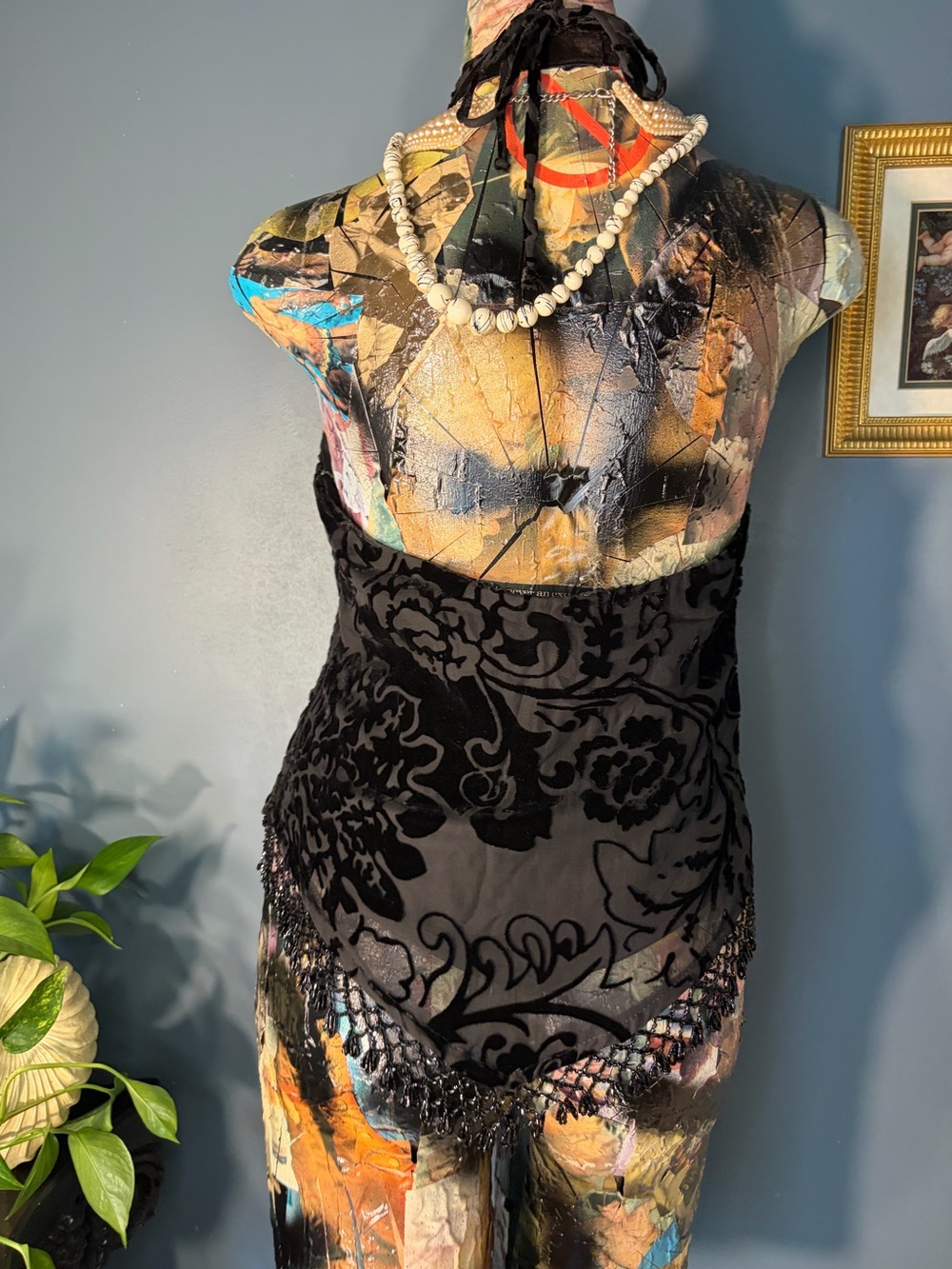 Vintage black velvet burnout tie halter top beaded trim open back deadstock - Picture 2 of 12